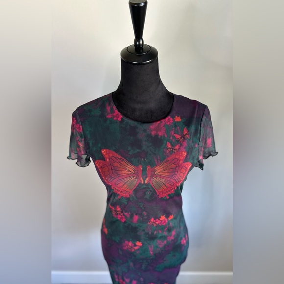 Women's Cut Butterfly Y2K Short Sleeve Crew Neck Short Bodycon Mesh Dress Size M - Picture 2 of 8